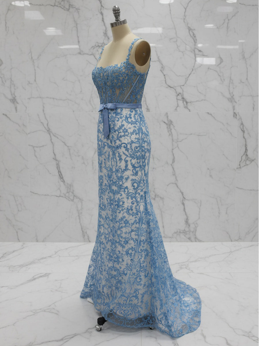 Blaues, florales Meerjungfrauen-Abendkleid mit Sweetheart-Ausschnitt, Spaghettiträgern und Korsett
