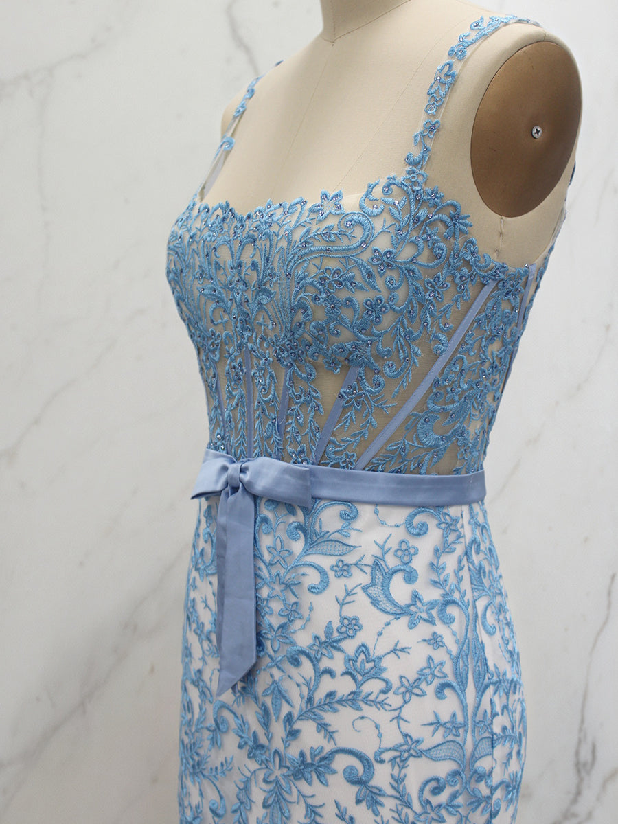 Blaues, florales Meerjungfrauen-Abendkleid mit Sweetheart-Ausschnitt, Spaghettiträgern und Korsett