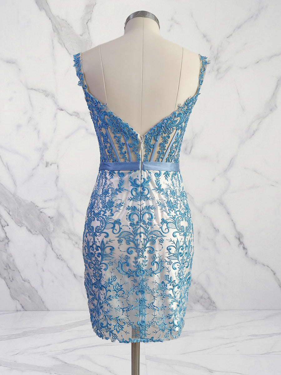 Blue Floral Off-Shoulder Lace Bodycon Homecoming Dress with Bow
