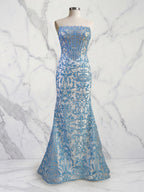 Blue Floral Strapless Pearl Beaded Ruched Long Corset Prom Dress