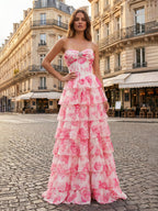 Blaues florales trägerloses, gestuftes Rüschen-Corsagen langes Prom-Kleid mit Schlitz