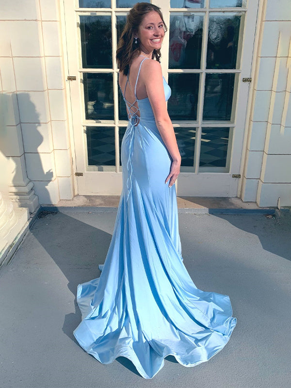 Blaues Meerjungfrau Doppelträger Satin Langes Abschlussballkleid