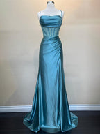 Yellow Mermaid Scoop Neck Satin Long Prom Dress with Slit