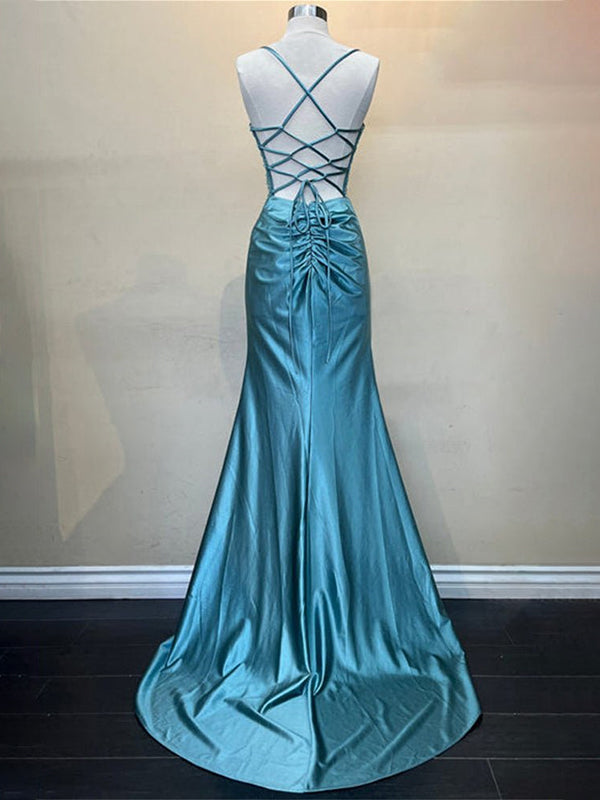 Yellow Mermaid Scoop Neck Satin Long Prom Dress with Slit