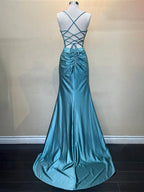 Yellow Mermaid Scoop Neck Satin Long Prom Dress with Slit