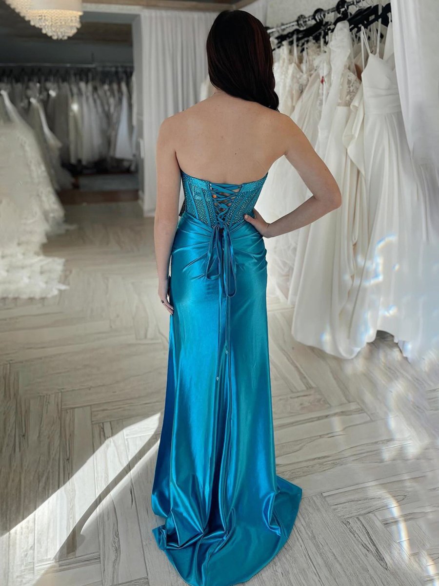 Blaues Meerjungfrau-Kleid mit Spaghettiträgern Perlen Sweetheart-Ausschnitt langes Ballkleid mit Schlitz
