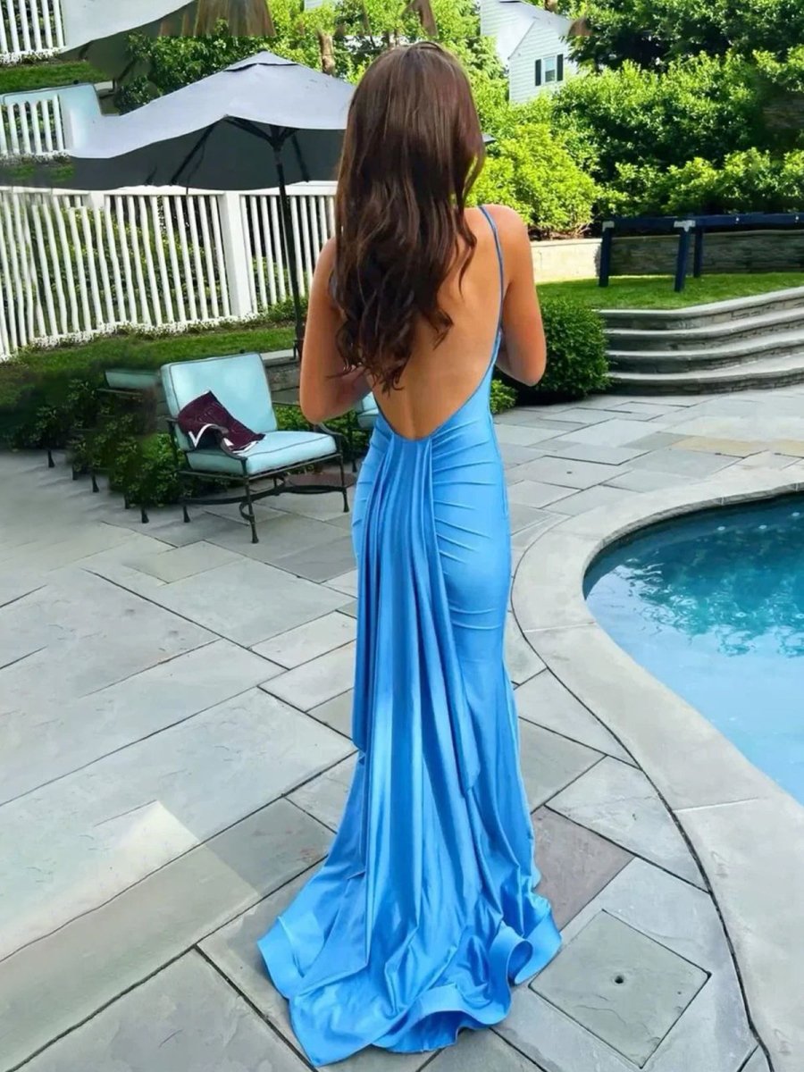 Vestido largo de fiesta azul sirena con tirantes de espagueti y espalda descubierta de satén