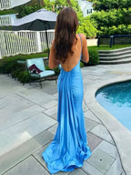 Vestido largo de fiesta azul sirena con tirantes de espagueti y espalda descubierta de satén