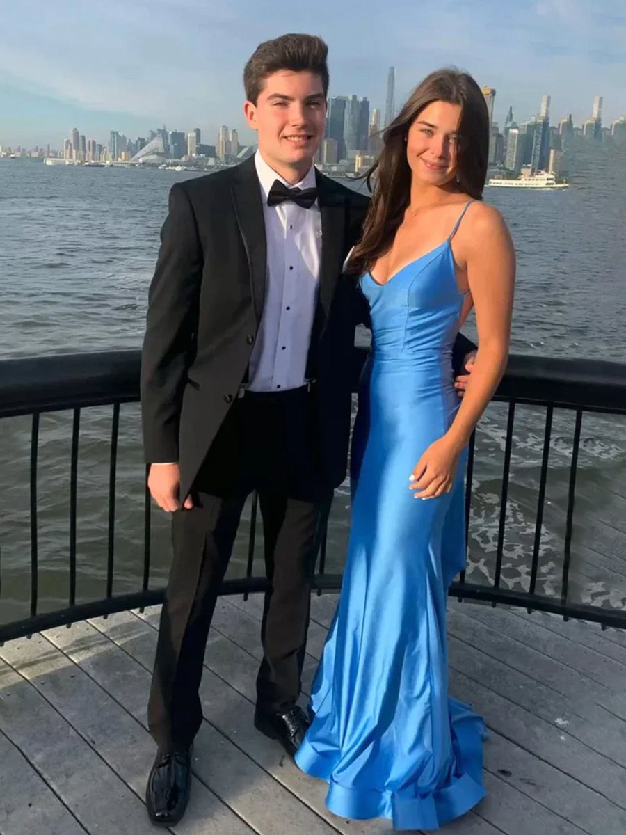 Vestido largo de fiesta azul sirena con tirantes de espagueti y espalda descubierta de satén