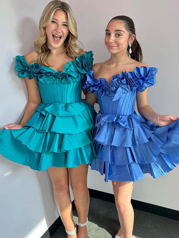 Robe de bal de fin d'année en satin à volants, ligne A, épaules dénudées