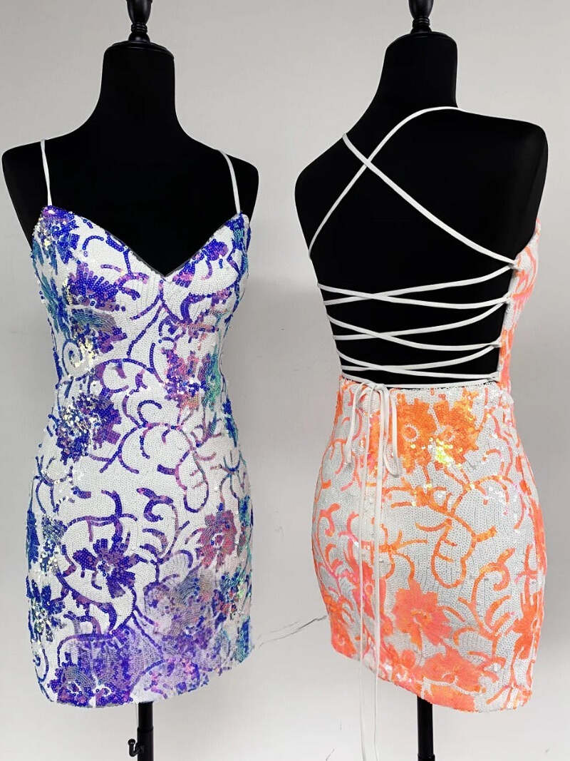 Robe courte moulante à bretelles spaghetti avec sequins pour bal de promo