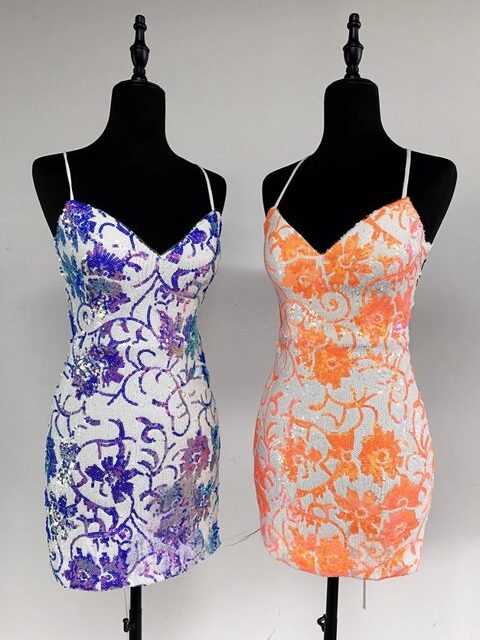 Robe courte moulante à bretelles spaghetti avec sequins pour bal de promo