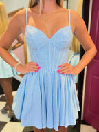 Blue Spaghetti Straps A-Line Satin Corset Homecoming Dress with Beading