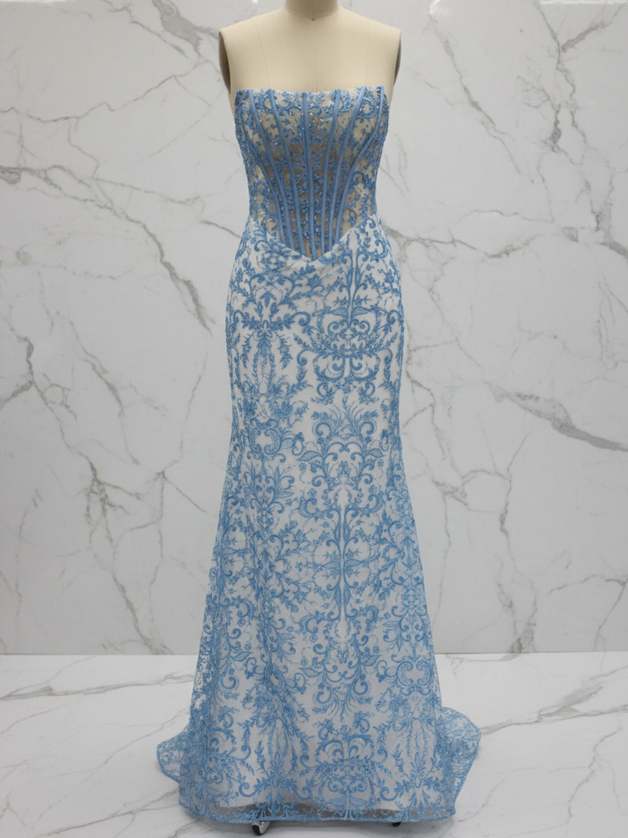 Blue Strapless Pearl Beaded Ruched Long Corset Prom Dress