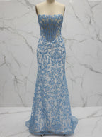 Blue Strapless Pearl Beaded Ruched Long Corset Prom Dress