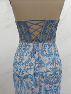 Blue Strapless Pearl Beaded Ruched Long Corset Prom Dress