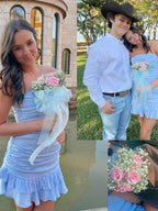 Blue Strapless Ruched Bow Back Homecoming Dress with Ruffle
