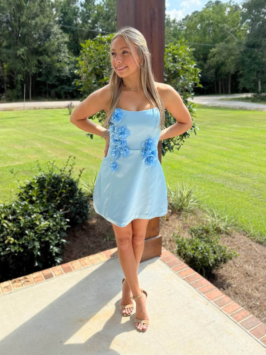 Blue Strapless Scoop Neck Homecoming Dress with 3D Flowers