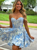 Blue Sweetheart A-Line Short Floral Print Homecoming Dress