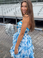 Blue Sweetheart Strapless A-Line Short Floral Homecoming Dress