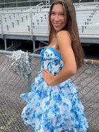 Blue Sweetheart Strapless A-Line Short Floral Homecoming Dress