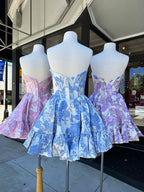 Blue Sweetheart Strapless A-Line Short Floral Print Homecoming Dress
