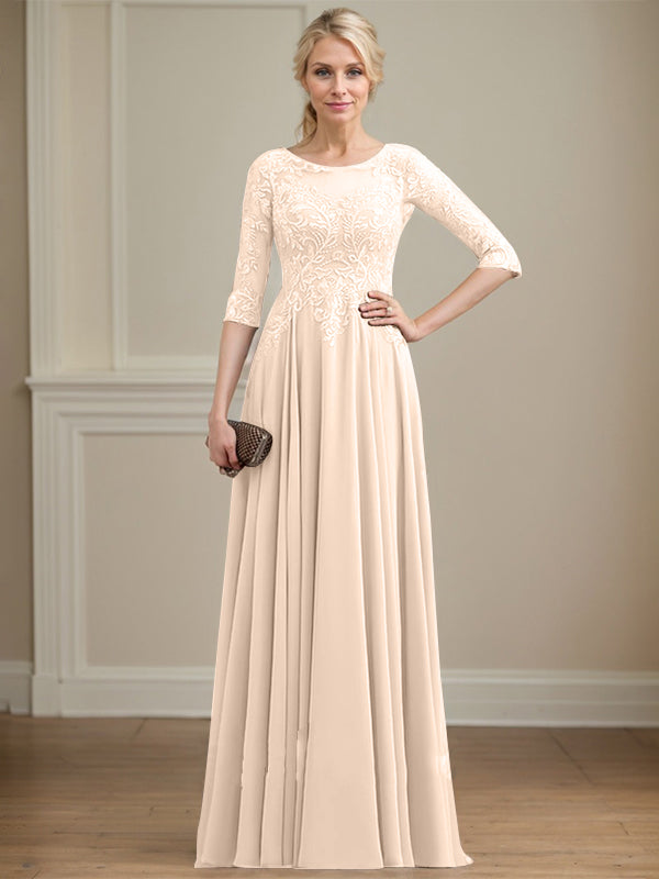 A-line Scoop Illusion Floor-Length Lace Chiffon Mother of the Bride Dress With Sequins