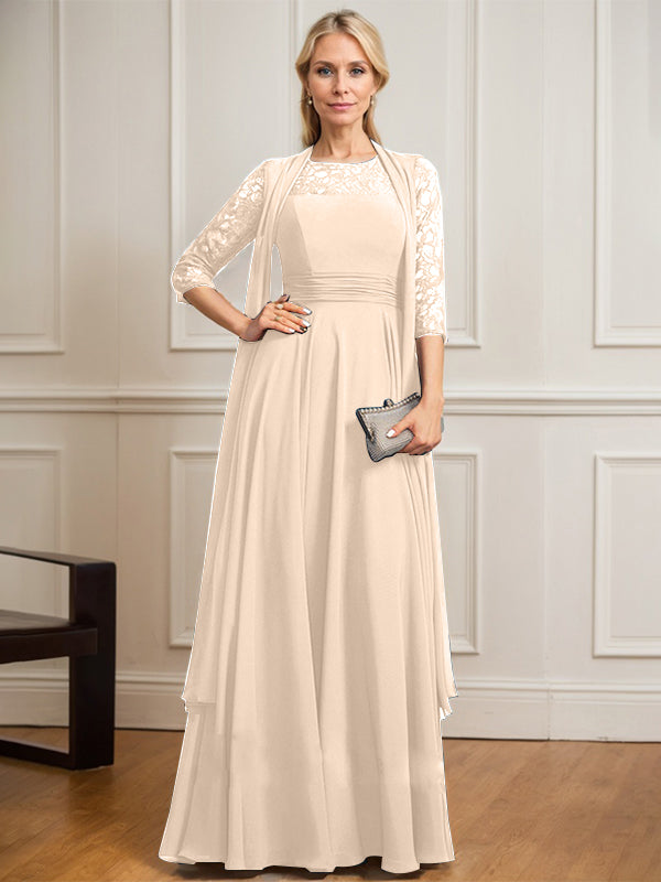 A-Linien Kleid mit Rundhalsausschnitt, Illusion, bodenlang aus Spitze und Chiffon, Mutter-der-Braut-Kleid mit Faltenwurf