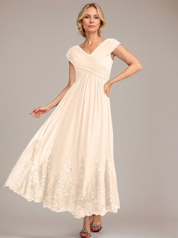 A-Linien V-Ausschnitt Knöchellanges Chiffon Kleid der Brautmutter mit Applikationen und Pailletten