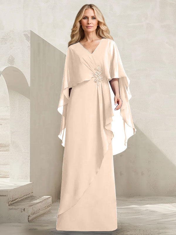 Robe mère de la mariée longue en chiffon coupe trapèze à col en V avec volants en cascade et perles