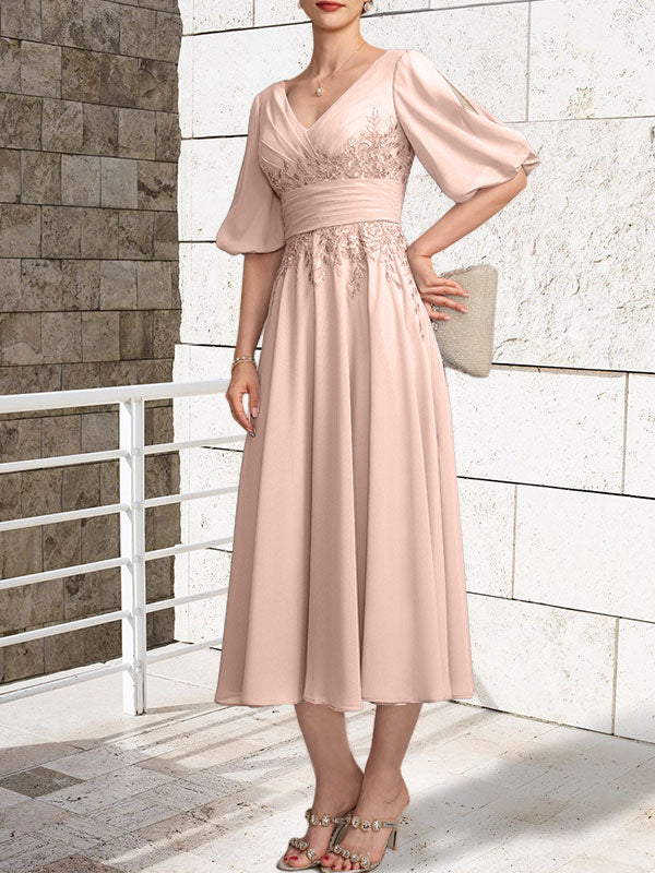 A-Linien Mutterkleid mit V-Ausschnitt, tea-length, Spitze und Chiffon mit Falten