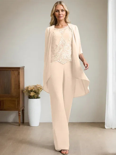 Zweiteiler Jumpsuit/Hosenanzug mit Rundhalsausschnitt, bodenlanges Chiffon-Spitzenkleid für die Mutter der Braut mit Perlen und Pailletten