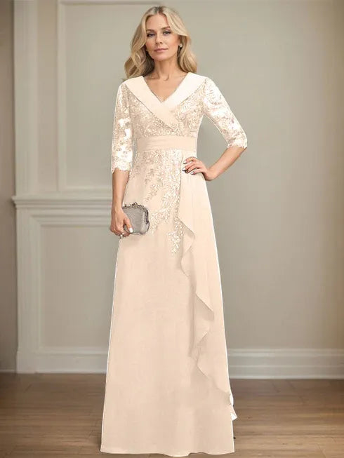 A-Linien Kleid mit Kragen, V-Ausschnitt, bodenlang, aus Spitze und Chiffon, Mutter der Braut Kleid mit Pailletten und fallenden Rüschen