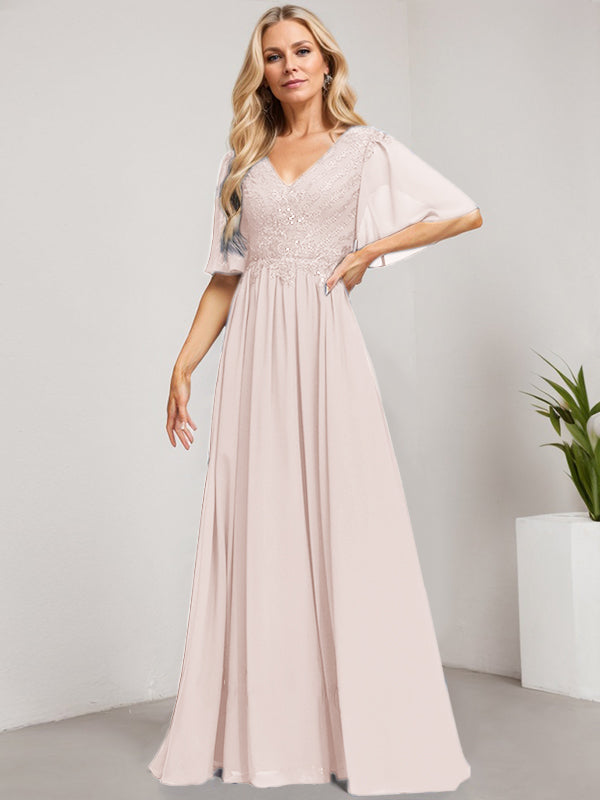 Robe mère de la mariée ligne A col en V longue en dentelle et chiffon avec sequins