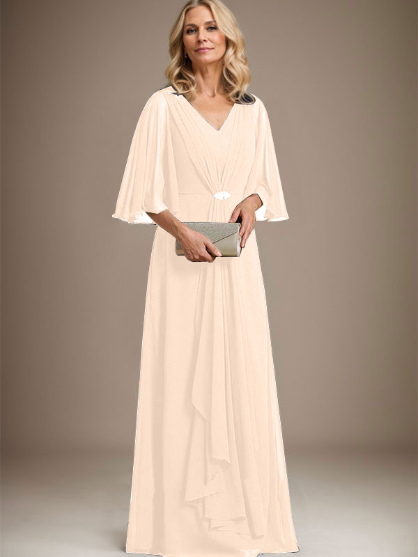 A-Linien V-Ausschnitt Bodenlanges Chiffon Kleid für die Brautmutter mit kaskadierenden Rüschen und Kristallbrosche