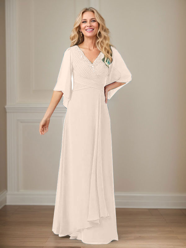 A-Linien V-Ausschnitt langes Pailletten-Chiffon Mutterkleid