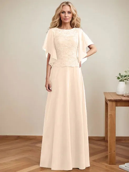 A-Linien Rundhals Illusions-Bodenlanges Spitzen-Chiffon Mutter-der-Braut-Kleid mit Pailletten