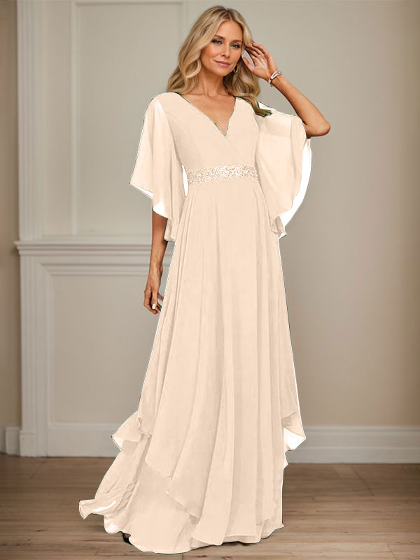 A-Linien V-Ausschnitt bodenlanges Chiffon-Mutter-der-Braut-Kleid mit Pailletten-Applikationen, Spitze und Perlen