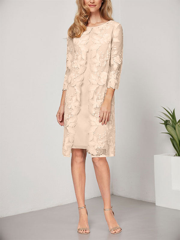 Robe mère de la mariée ligne A en mousseline et dentelle, longueur genou, col en U, avec veste