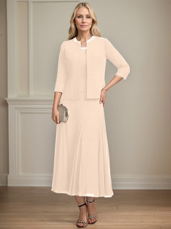 Separates A-Linien Chiffonkleid mit Rundhalsausschnitt, tea-length, Mutter der Braut mit Pailletten und Perlen