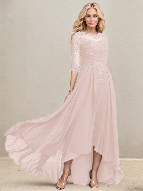 A-Linien Ausschnitt Illusions Asymmetrisches Spitzen-Chiffon Kleid für die Mutter der Braut mit plissierten Pailletten
