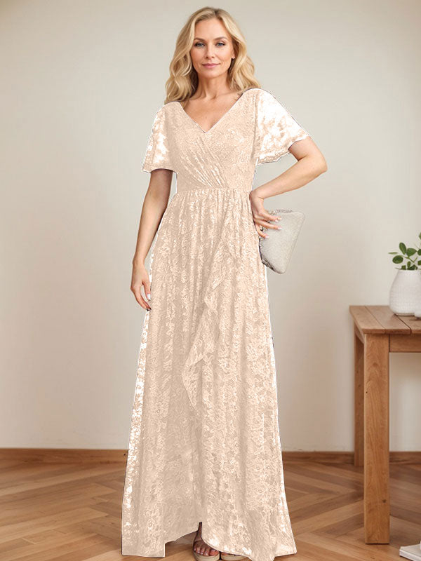 A-Linien Spitzen-Mutter-der-Braut-Kleid mit V-Ausschnitt, asymmetrisch und mit kaskadierenden Rüschen
