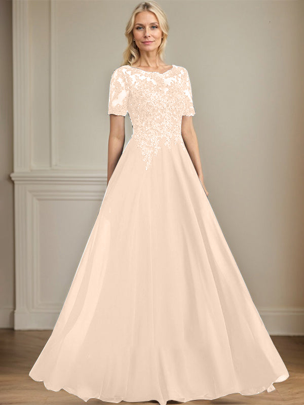 A-Linien Rundhals Illusions-Bodenlanges Chiffon-Spitzenkleid für die Mutter der Braut mit Pailletten und Perlen