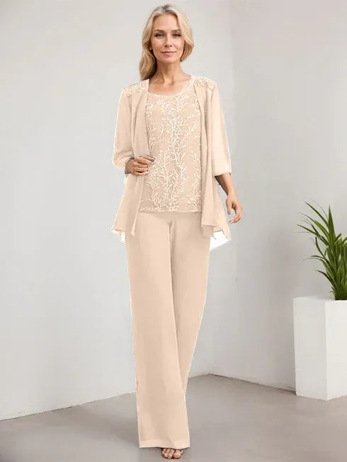 Zweiteiler Jumpsuit/Hosenanzug U-Ausschnitt bodenlanges Spitzen Chiffon Mutter der Braut Kleid mit Pailletten