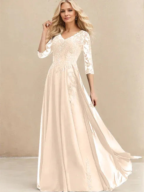 A-Linien V-Ausschnitt Bodenlanges Spitzen-Chiffon Kleid für die Brautmutter mit Pailletten