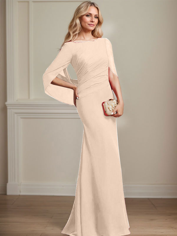 Trompeten-/Meerjungfrauen-Chiffonkleid mit Bootsausschnitt, bodenlang, plissiert, Brautmutterkleid
