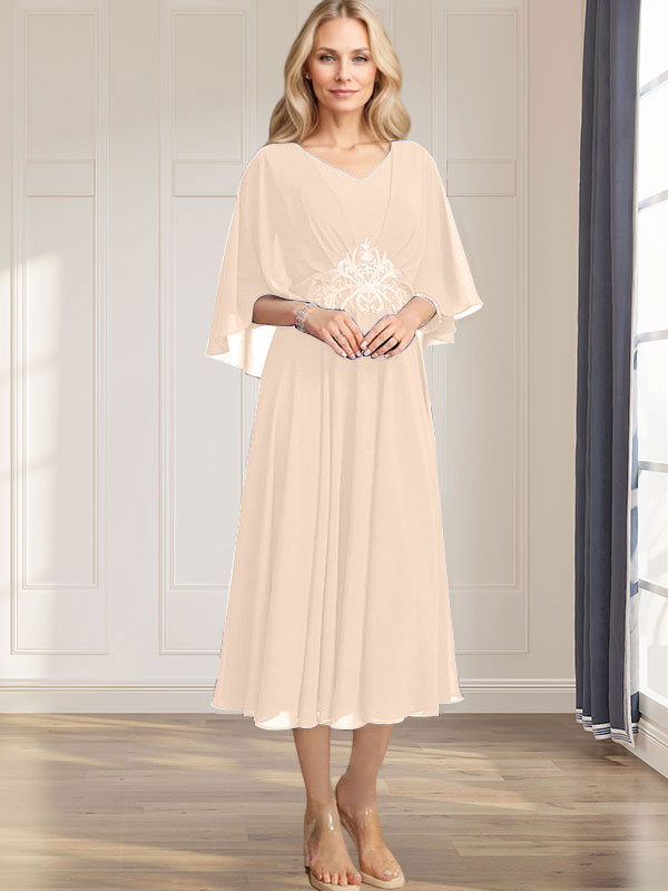 Robe de mère de la mariée en mousseline, longueur thé, col en V, en ligne A, avec appliques plissées, sequins, dentelle et perles
