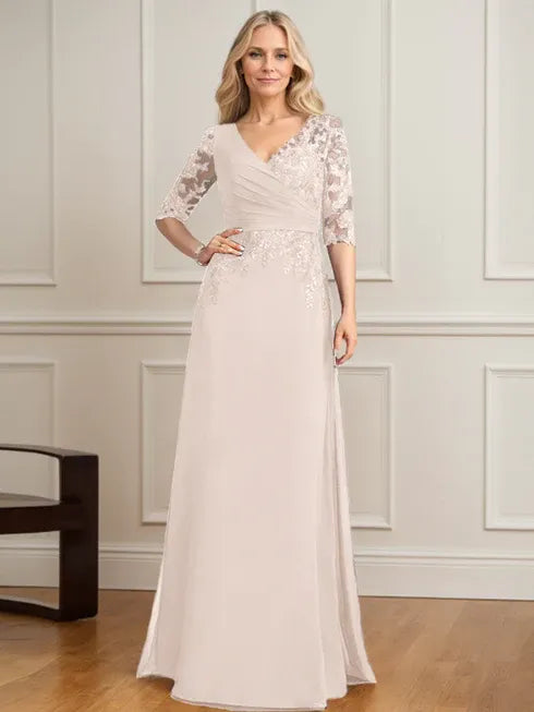 A-Linien V-Ausschnitt bodenlanges Spitzen-Chiffon Kleid der Brautmutter mit plissierten Pailletten