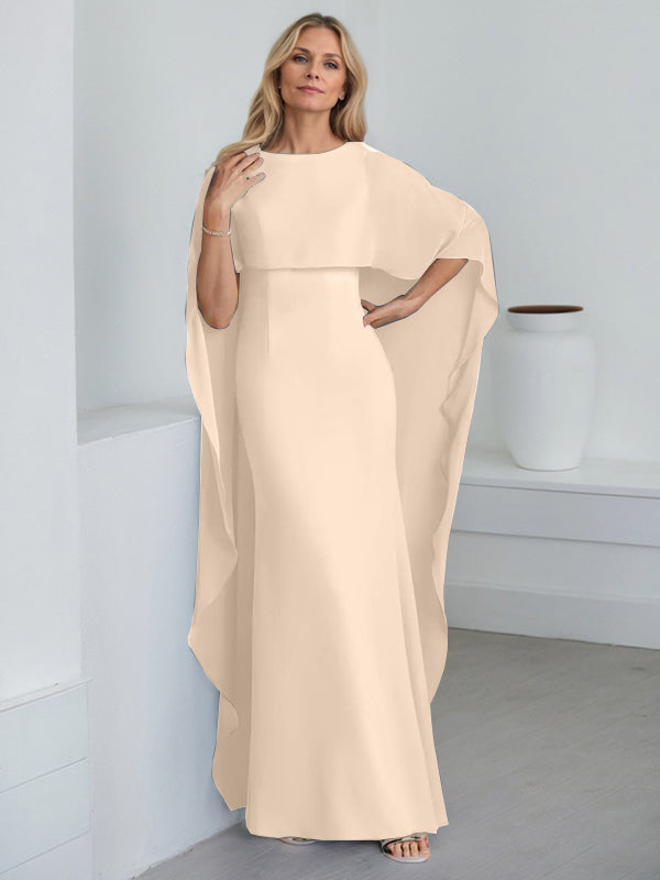 Etui-Kleid mit Rundhalsausschnitt, bodenlang, Chiffon, Mutter-der-Braut-Kleid mit kaskadierenden Rüschen