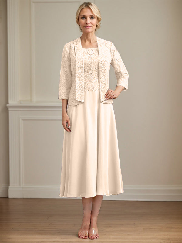A-Linien Kleid mit Rundhalsausschnitt, tea-länge, Spitze und Chiffon, Mutter der Braut Kleid